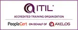 Logo der ITIL Accredited Training Organization mit PeopleCert- und AXELOS-Branding für Zertifizierung und Akkreditierung.