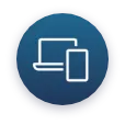 Weiße Liniensymbole eines Laptops und eines Smartphones auf einem blauen kreisförmigen Hintergrund.