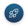 Ein blauer runder Knopf mit einem weißen Raketensymbol in der Mitte, das den Start symbolisiert.